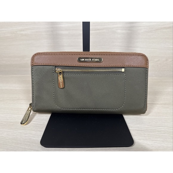 Michael Kors Monogram Jet Set Zip Around Wallet Green Brown 4x8 Canvas & Leather